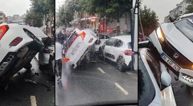 Esenyurt’ta Akılalmaz Kaza: Otomobil Park Halindeki Aracın Üzerine Uçtu